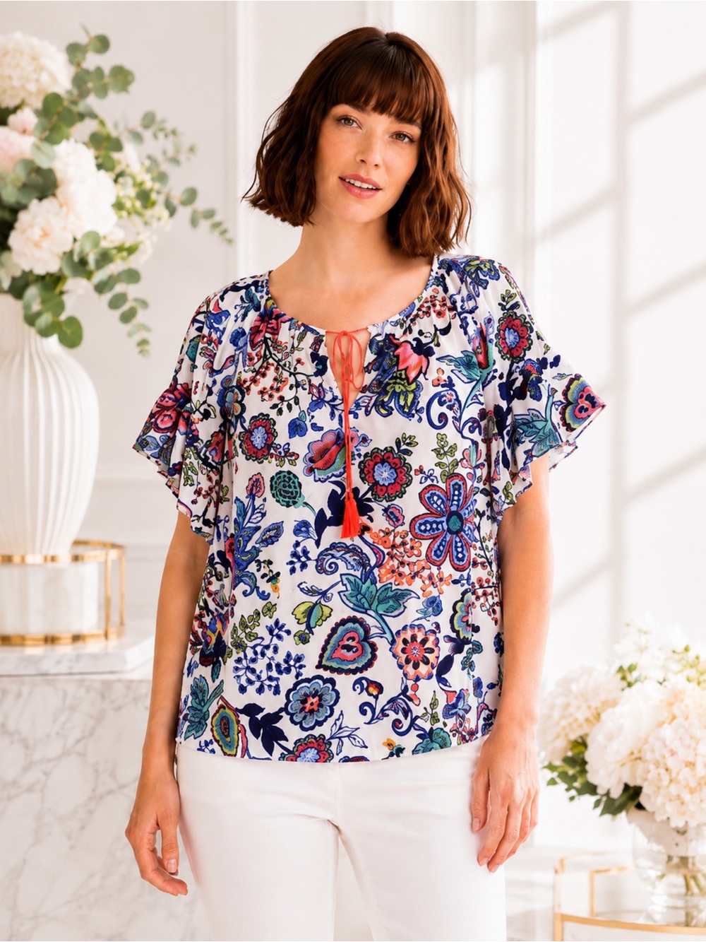 Milly Floral Paisley Peasant Blouse Boho Flutter Sleeve White NWT M